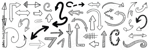 Hand drawn arrow set with diverse scribble styles and black ink strokes including curved and straight directions for creative notes.