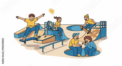 Kids enjoy a sunny day at the skate park, skateboarding and chatting