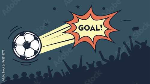 A soccer ball soars through the air with a goal celebration explosion in the background