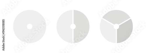Pie charts 1, 2, 3 equal sections, steps. Wheel round divided monochrome diagrams one, two, three segments. Circle icons for UI, web design, business presentation, infographic, statistic, analytics.
