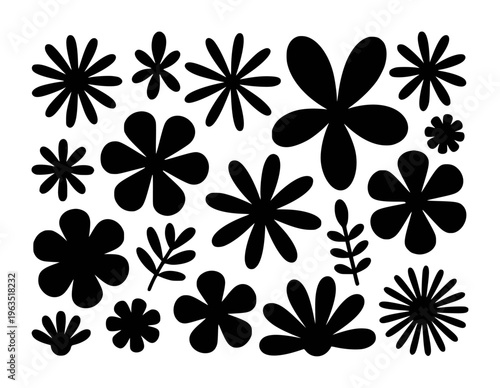 Collection of Black Silhouette Flowers and Leaves White Background