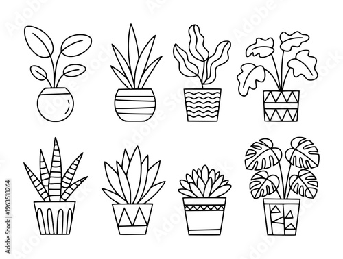Collection of hand drawn potted plants with simple line style white background houseplant