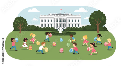 This flat design illustration captures the annual White House Easter Egg Roll, showing diverse children participating in the festive tradition on the iconic South Lawn.