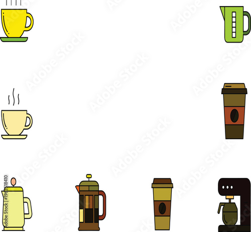 Set of Modern Coffee Brewing Icons Featuring French Press Coffee Machine Takeaway Cups and Mugs for Cafe Branding Kitchen Manuals and Breakfast Beverage Designs