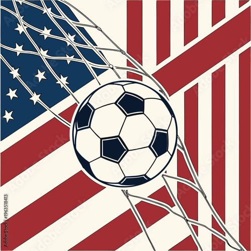 Soccer ball positioned between stripes of the american flag