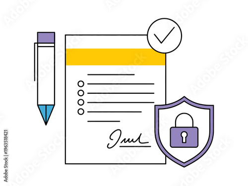Document signing with security shield and checkmark approval pen