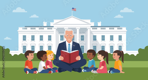 A heartwarming flat design illustration showcasing the President engaging with children by reading a story during the White House Easter Egg Roll festivities.