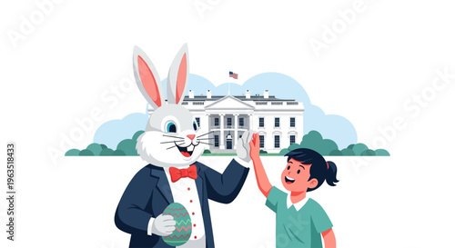 This flat design illustration shows the beloved Easter Bunny mascot happily interacting with a child during the festive White House Easter Egg Roll event.