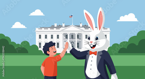 This flat design illustration shows the beloved Easter Bunny mascot happily interacting with a child during the festive White House Easter Egg Roll event.