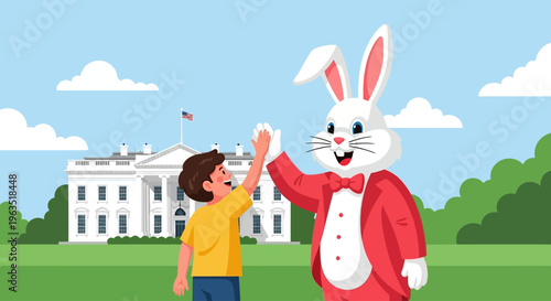 This flat design illustration shows the beloved Easter Bunny mascot happily interacting with a child during the festive White House Easter Egg Roll event.