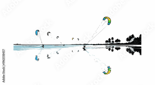 Kitesurfers ride on calm ocean water with palm trees reflected