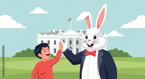 This flat design illustration shows the beloved Easter Bunny mascot happily interacting with a child during the festive White House Easter Egg Roll event.