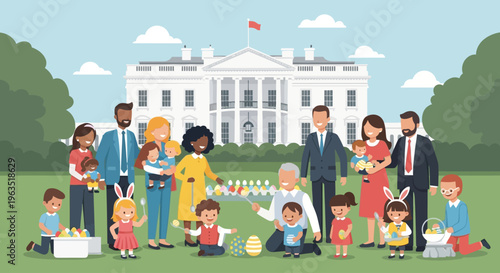 A cheerful flat design illustration depicting diverse families enjoying the festive atmosphere of the White House Easter Egg Roll, set against the iconic presidential residence.