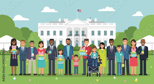 A cheerful flat design illustration depicting diverse families enjoying the festive atmosphere of the White House Easter Egg Roll, set against the iconic presidential residence.