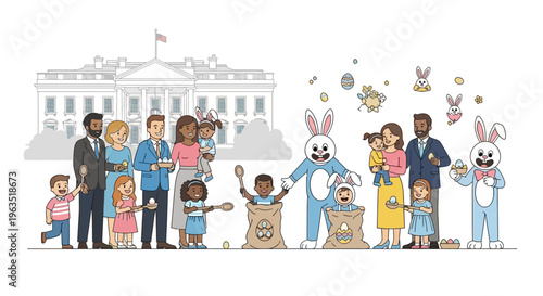 A cheerful flat design illustration depicting diverse families enjoying the festive atmosphere of the White House Easter Egg Roll, set against the iconic presidential residence.