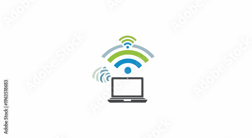 Laptop broadcasting wireless signals in vibrant blue, green, and gray