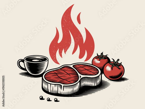 Raw steak with tomatoes and coffee cup under stylized red flames beef meat