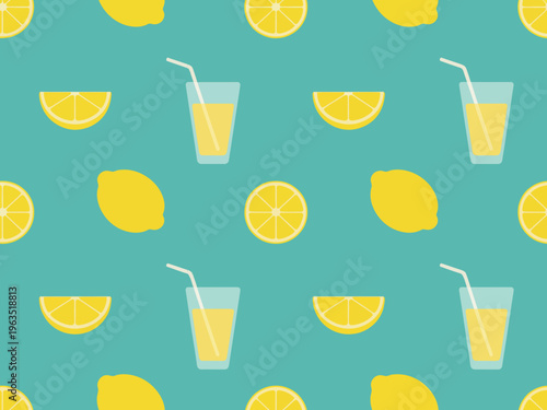 Seamless pattern of yellow lemons and glasses of lemonade with straws a teal background