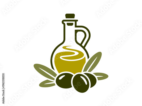 Stylized olive oil bottle with olives and leaves a white background
