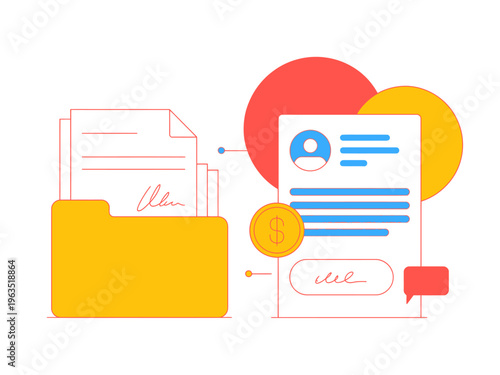 Yellow folder with documents and profile card featuring dollar coin and abstract circles