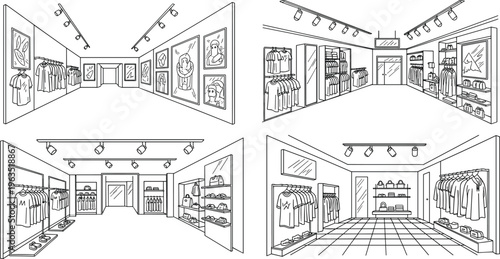 Clothing store boutique interior set with garment racks t shirts shelves and fashion displays hand drawn line art vector illustration