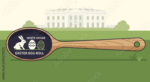 This flat design illustration prominently features the iconic wooden spoon, a cherished souvenir from the annual White House Easter Egg Roll.