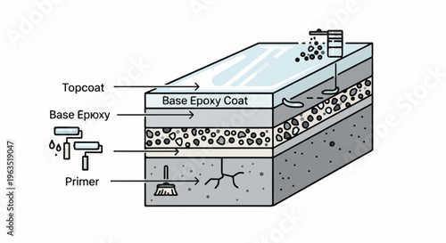 Layered coating application showing primer, base epoxy, and topcoat