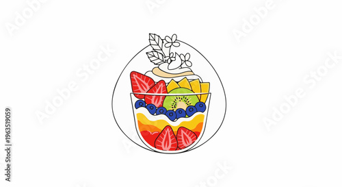 Layered fruit parfait with whipped cream and garnish in a glass