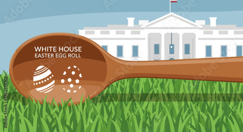 This flat design illustration prominently features the iconic wooden spoon, a cherished souvenir from the annual White House Easter Egg Roll.