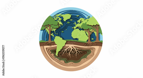 Layered globe with trees and root system