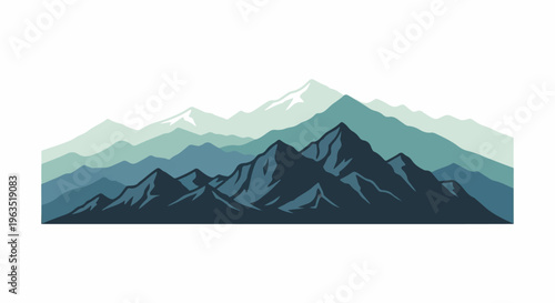 Layered mountain range in shades of blue and green, white peaks