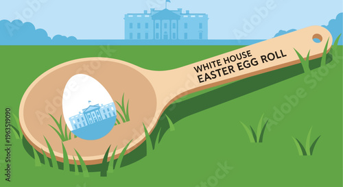This flat design illustration prominently features the iconic wooden spoon, a cherished souvenir from the annual White House Easter Egg Roll.
