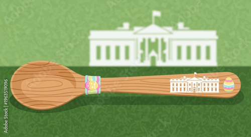 This flat design illustration prominently features the iconic wooden spoon, a cherished souvenir from the annual White House Easter Egg Roll.