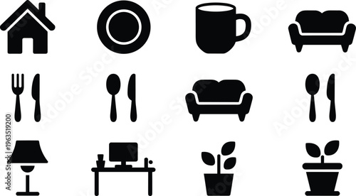 Home and furniture icons set featuring house, sofa, tableware, desk, lamp and plant symbols, solid black vector collection for interior, living and lifestyle design