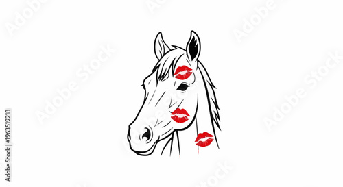 Line art horse head with multiple red lipstick kiss marks