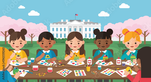 This flat design illustration shows children happily participating in an Easter-themed craft activity, like egg decorating, at the White House Easter Egg Roll.