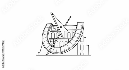 Line drawing of a large, ornate astronomical instrument with a gnomon