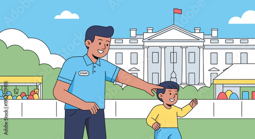 This flat design illustration depicts a kind volunteer assisting a child at the White House Easter Egg Roll, highlighting the community spirit of the event.