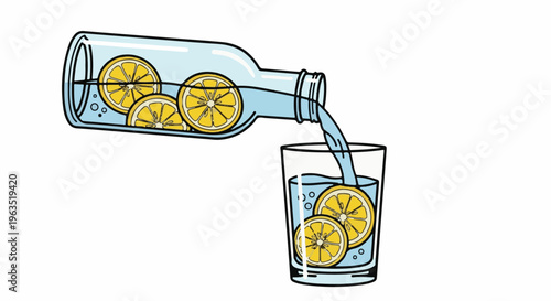 Liquid is poured from a bottle of lemon slices into a glass