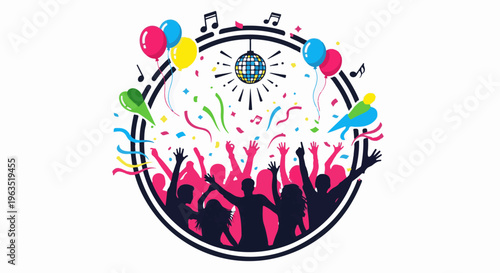 Lively party scene with dancing silhouettes, disco ball, balloons, and confetti