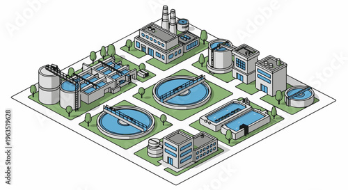 Isometric view of an industrial water treatment facility with multiple structures