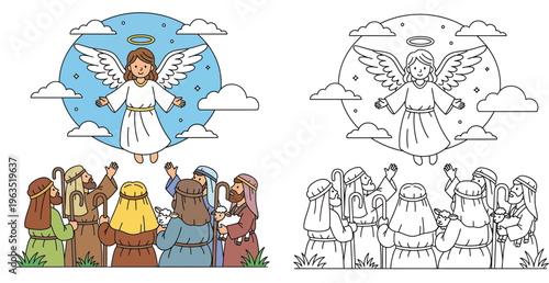 Angel Appearing to Shepherds Color and Outline Version. Cute Biblical Nativity Story Cartoon Illustration for Kids Coloring Book Page.