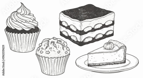 Hand-drawn sketch of various desserts a frosted cupcake, a muffin, tiramisu, and cheesecake