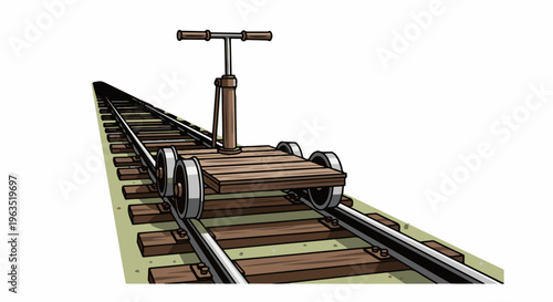 Hand-powered rail cart on wooden tracks, perspective view