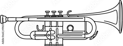Black and white illustration of a brass wind instrument, a trumpet