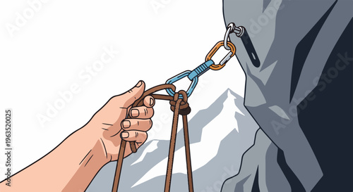 Hand holding climbing ropes attached to carabiner on rocky mountain