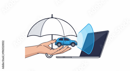 Hand holding car under umbrella near laptop