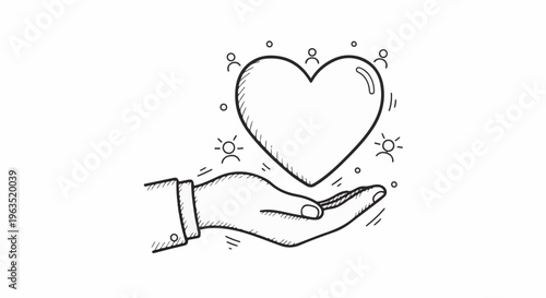 Hand holding heart with people icons and radiating light