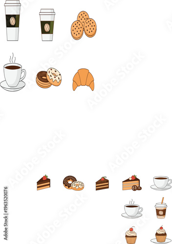 Set of Coffee and Bakery Vector Icons Including Takeaway Cups Hot Espresso Donuts Cookies and Croissant for Cafe Menus Restaurant Branding and Breakfast Food Designs