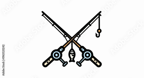 Crossed fishing rods with a hanging fish and hook, representing the sport